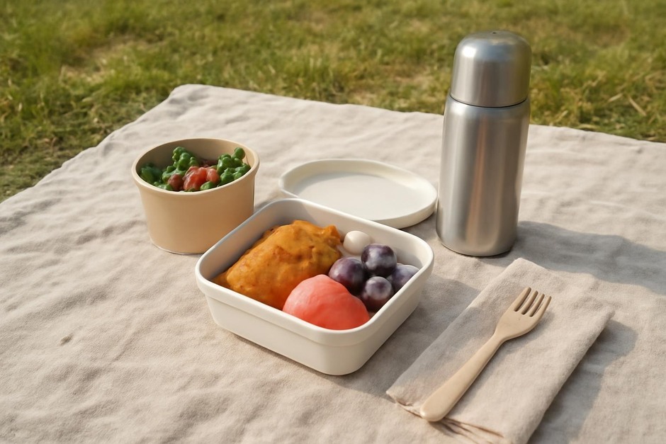 A small picnic spread on a blanket with a simple container and a thermos