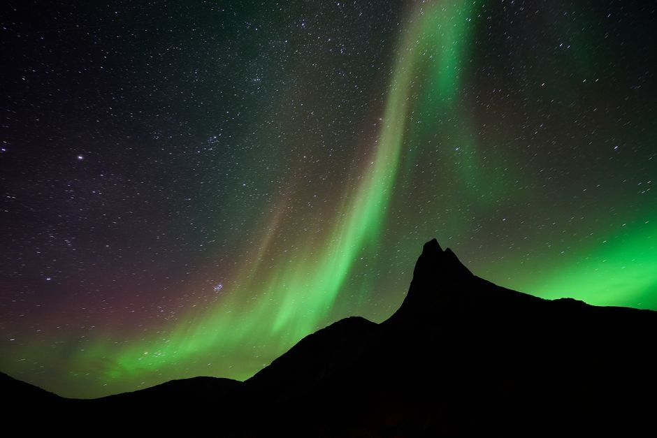 Aurora above a dark mountain ridge under a clear night sky.