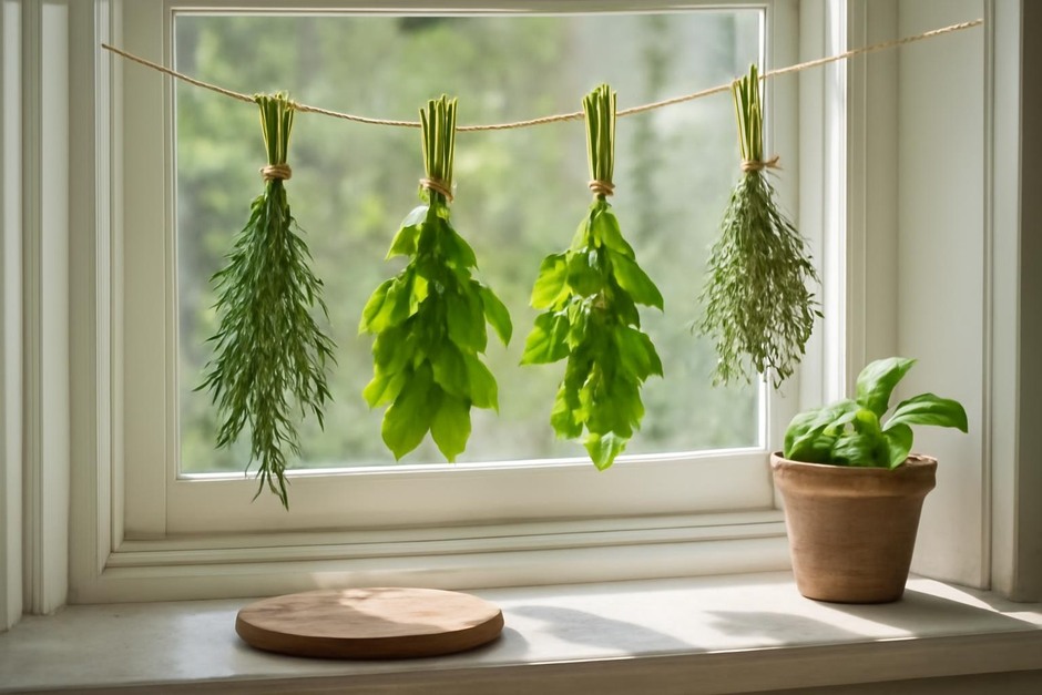 Fresh herbs tied in small bundles hanging near a sunny window
